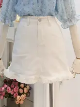 粉色デニムミニスカート【フレンチスタイル・フリルデザイン・ハイウエスト・Aライン】（セットアップ対応）