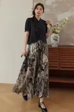 夏用の短袖トップスと水墨柄Aラインスカートの大きいサイズ女性用ファッション【新中式・したシルエット】（セットアップ対応）