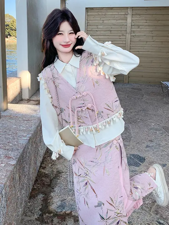 新中式コーディネート！国風フリンジベスト【春秋用・独特なデザイン・高級感漂うスカート・スリムフィット】（セットアップ対応）