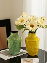 フランス風 陶器製花瓶【ヴィンテージ・緑色・油絵デザイン・ドライフラワー・生花対応】