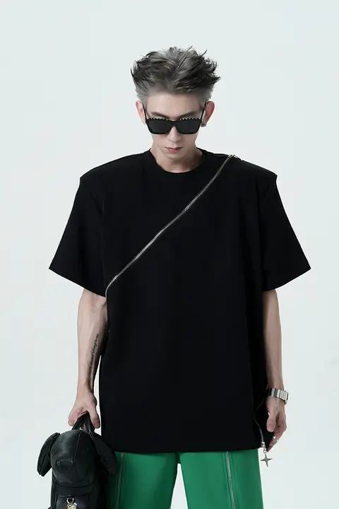 Tシャツ メンズ 半袖 ホワイト 厚手 ディコンストラクション ジップデザイン パッド入りショルダー ストリート