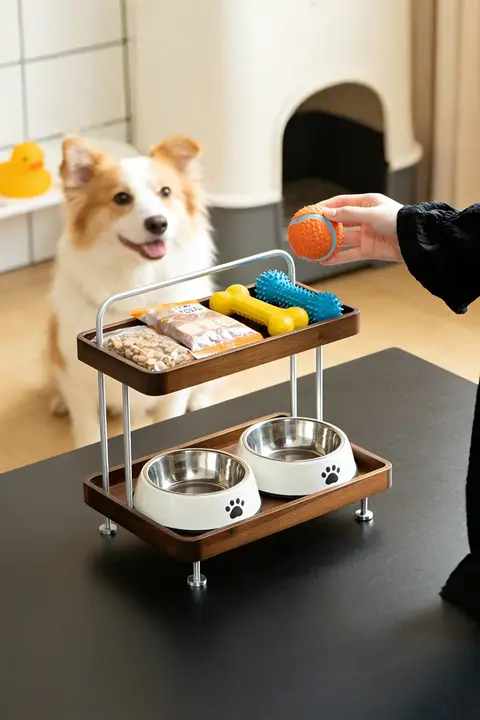 ペット用オープンラック【おやつ・おもちゃ収納・ウォールナット素材・移動可能】