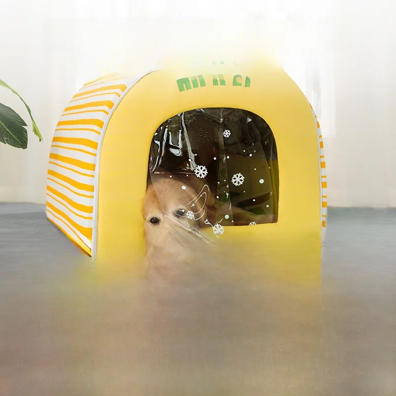 大型犬用ストライプデザインの弧形冷却ハウス：中型犬・ラブラドール対応の実用性と設置条件
