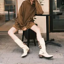ラウンドトゥ ヴィンテージ風 ウエスタンブーツ【バックル付き・カラーブロックデザイン・女性用・高筒・本革】