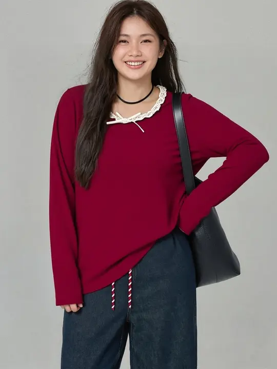 大きいサイズのフラワーレース付き女性用トップス【春用・ゆったりフィット・丸首デザイン】