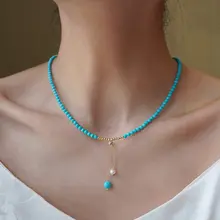 オリジナルターコイズのロングロックネックレス【淡水パール・14K金メッキ・色移りしない・贈り物に最適】