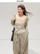 デザイン性のあるバインドトップスとドレープパンツ【大きいサイズ・おしゃれ】（セットアップ対応）