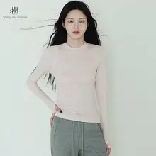 半高めのネックデザインの女性用天絲羊毛長袖Tシャツ【春夏用・ピンク・カジュアル】（セットアップ対応）