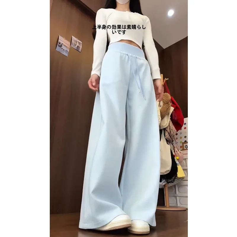 高身長向け春夏用ブルーウエストリボンパンツ：ハイウエスト・ストレートでゆったりコーデを実現
