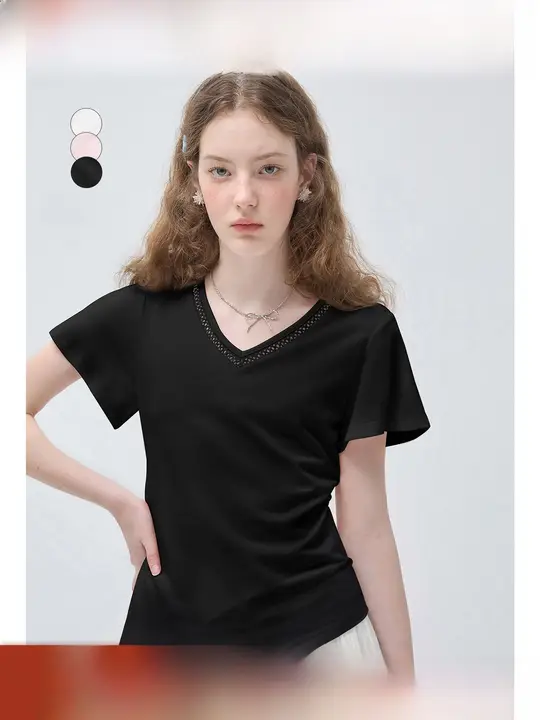 レディース 大きいサイズ VネックウエストマークTシャツ【春用・短袖・体型カバー】