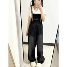 美式ヴィンテージ風 ブラックデニムサロペットパンツ【フィット・工事現場スタイル・ 女性用】（セットアップ対応）