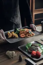 アンティーク風 マット仕上げ304ステンレス製トレー【長方形・ステーキ皿・西洋料理用】