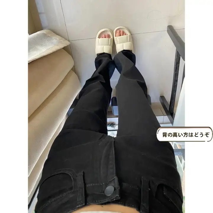 高身長向けロングブラックデニムパンツ【ストレート・ハイストリートデザイン・ワイドレッグ】