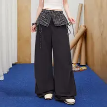 チェック柄のワイドレッグパンツ【ブラック・フィット】（セットアップ対応）