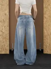 アメリカンビンテージウォッシュデニムパンツ【夏用・レディース・ルーズストレート・高級感・カジュアル・ワイドレッグ】