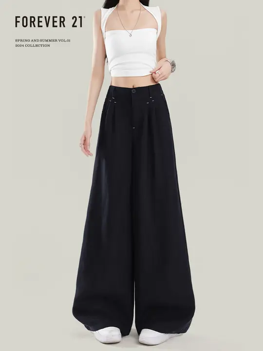 ワイドパンツ レディース テンセル ブラック ハイウエスト ドレープ感 ルーズ 上品 「Forever 21」