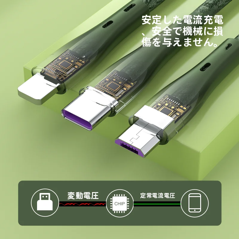 三つの端子を備えた充電ケーブル【急速充電・データ転送対応・全機種対応】