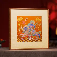 南京云锦の獅子舞刺繍ボール掛け軸【伝統工芸・装飾画・開業祝いに最適】