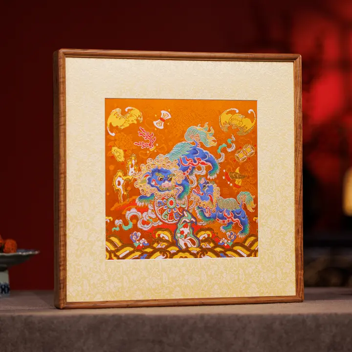 南京云锦の獅子舞刺繍ボール掛け軸【伝統工芸・装飾画・開業祝いに最適】