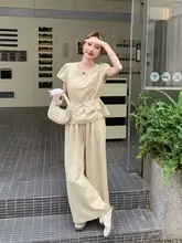 夏用カジュアルTシャツ＆薄手ワイドパンツ【スタイリッシュ・女性用・体型カバー】（セットアップ対応）