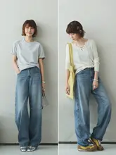 自信あふれるデザイン！コントラスト縫製のレトロワイドジーンズ【微弯刀洗い】