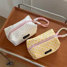 向日葵デザインの化粧ポーチ【携帯用・ハンドル付き・キャンバス素材】