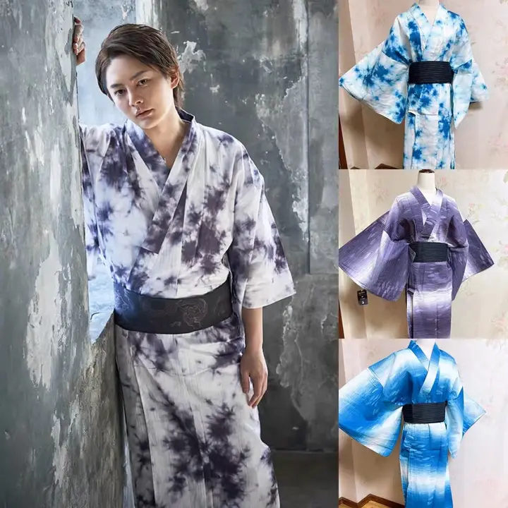 伝統的な男性用和服浴衣【武士風・ざい染め花柄・カジュアル】