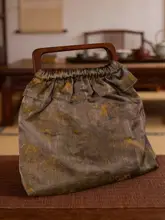 新中式デザイン 手作りの翠緑色のフリル付き木製ハンドル大きな布製バッグ【インテリアとしても使える】