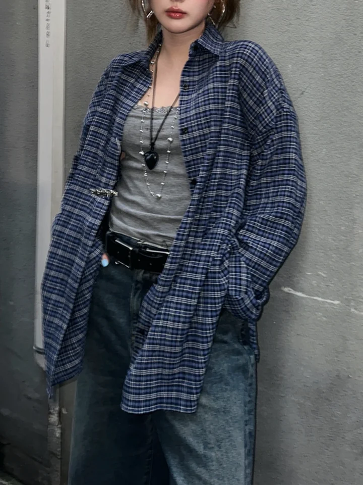 レトロチェック柄長袖カジュアルシャツ【襟付き・秋冬用】