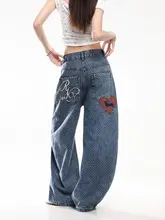 アメリカンスタイルドット柄ハート刺繍デニムパンツ【高腰・フィット・春夏用】（セットアップ対応）