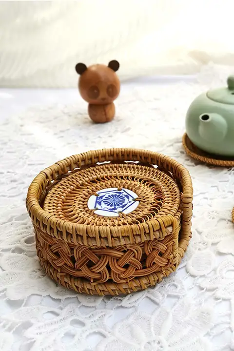 ベトナム手作り ラタン製コースター【北欧風・熱隔離・茶器用・テーブルマット】