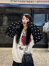 アメリカンヴィンテージ風ハートドット切り替えデザイン長袖Tシャツ【ルーズフィット・春秋対応】