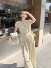 夏用カジュアルTシャツ＆薄手ワイドパンツ【スタイリッシュ・女性用・体型カバー】（セットアップ対応）