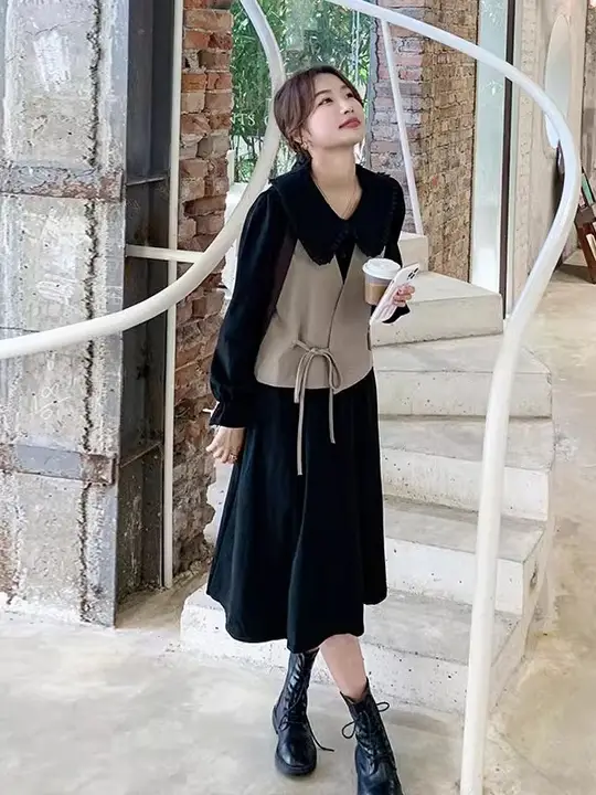 黒色ドールカラーのワンピースドレス【高級感あるマーメイドスカート・春秋用】（セットアップ対応）