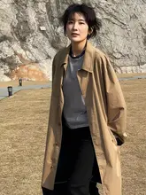 カーキ色のレトロデザイン中長丈トレンチコート【春用・膝下丈・小柄向け】