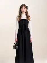 バタフライノット付きサテンフィールマキシドレス【スリーブレス・ウエストリボン・ブラック】