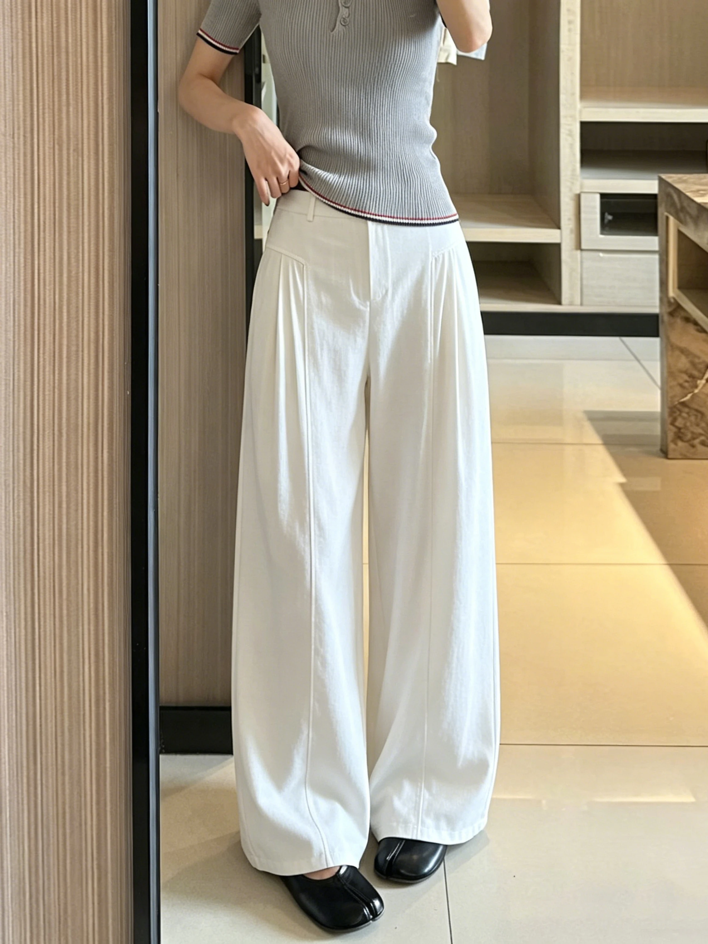 ターコイズブルー パンツ おすすめモデル：蔵青色の天竺コットンリネン製ウィメンズスーツパンツ