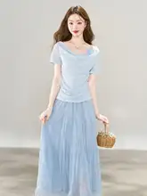 セットアップ 2点セット レディース トップス チュールスカート ドレープネック 半袖 ブルー きれいめ 上品 初夏