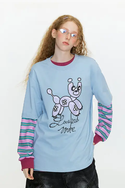 粉色と青の小犬プリントTシャツ【半袖・ダボダボ・レディース用】（セットアップ対応）