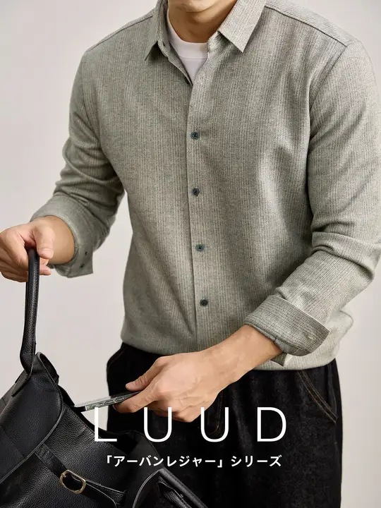 シャツジャケット メンズ 長袖 縦筋テクスチャー エリ付き ラウンドヘム ゆったり きれいめ 「LUUD」