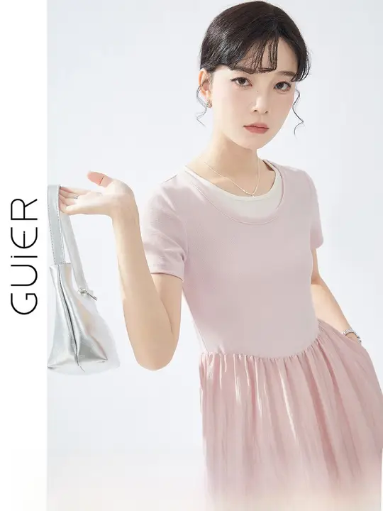 柔らかく上品なデザイン！接ぎ合わせ風ドレス【フレンチスタイル・ウエストシェイプ・ロング丈】（セットアップ対応）