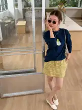 レトロデザインのイエロー格子模様リネンミニスカート【ドローストリング・通気性・涼しさ・高級感】