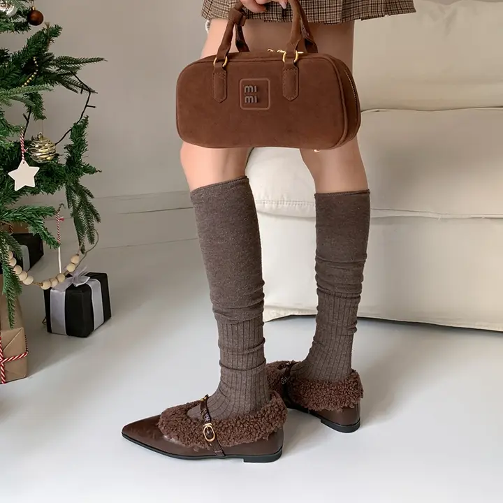 金色のバラ フランス風ビンテージ羊毛シューズ【内増高・暖かいマリージェーン】