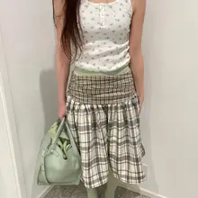 フランス風レトロチェック柄のティアードスカート【ウエストゴム・夏用・高品質】（セットアップ対応）