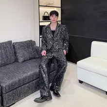 メンズ舞台衣装【反射素材・カラフルなビジュー・ファッショナブルなスーツパンツ】（セットアップ対応）