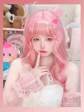 かわいい少女向けピーチピンクロングカールウィッグ【エアリーバング・ロリータスタイル・Y2K】