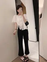 レディース ハイウエストブラックレース付きストレートカジュアルパンツ【夏用・極上の柔らかさ・大きいサイズ・フレアデザイン】（セットアップ対応）