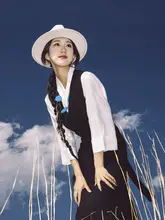 黒と白のラサ風の女性用中国風ロングドレス【日常着・漢服】（セットアップ対応）
