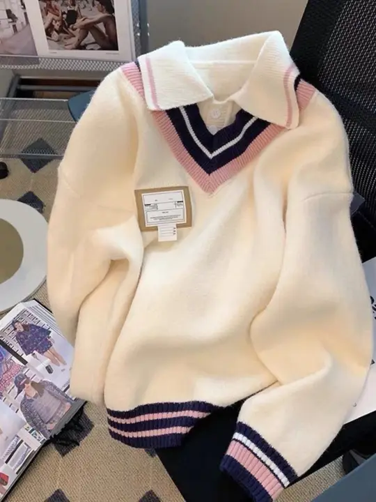 秋冬用の学院風ポロニットカーディガン【女子中高生向け・二重仕立て・カジュアル】（セットアップ対応）