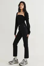 黒色 ストレートハイウエストデニムパンツ 女性 ストレッチ フリンジ ベーシックスタイル
